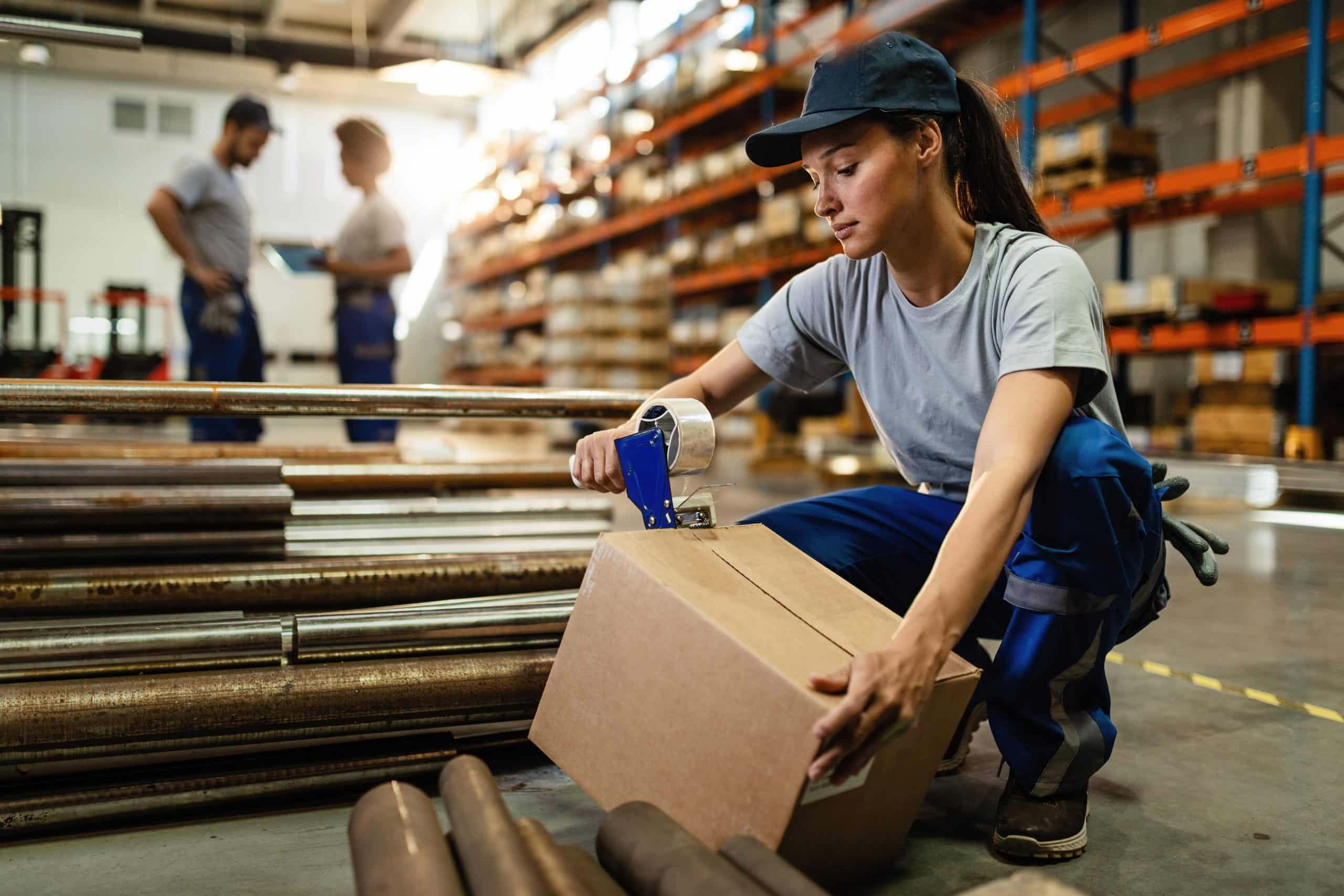 Female warehouse worker taping cardboard box with tape dispenser before the shipment.